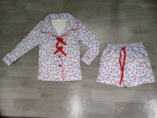6.19 GLS0116 Preorder Candy Cane Blue Long Sleeve Top Pockets Shorts Woman Christmas Pajamas Clothes Set