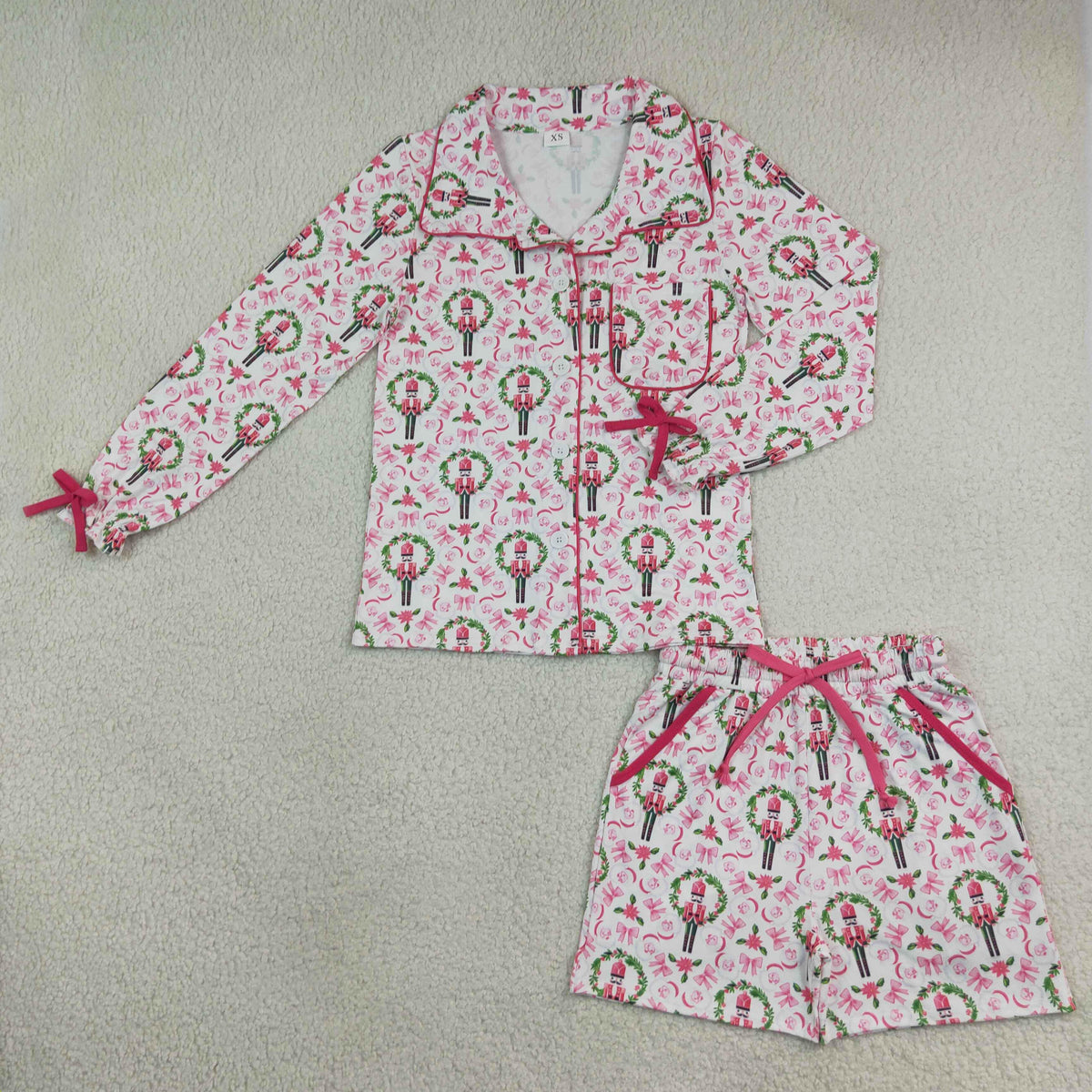 Mommy and Me Christmas Holly Long Sleeve Button Top Shorts Pajama Set with Bow