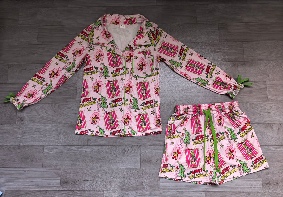 6.24 GLS0119 Preorder Green Frog Holly Long Sleeve Top Pockets Shorts Woman Christmas Pajamas Clothes Set