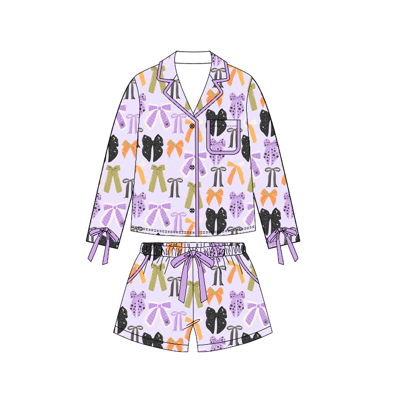 6.24 GLS0120 Preorder Purple Bows Long Sleeve Top Pockets Shorts Woman Halloween Pajamas Clothes Set