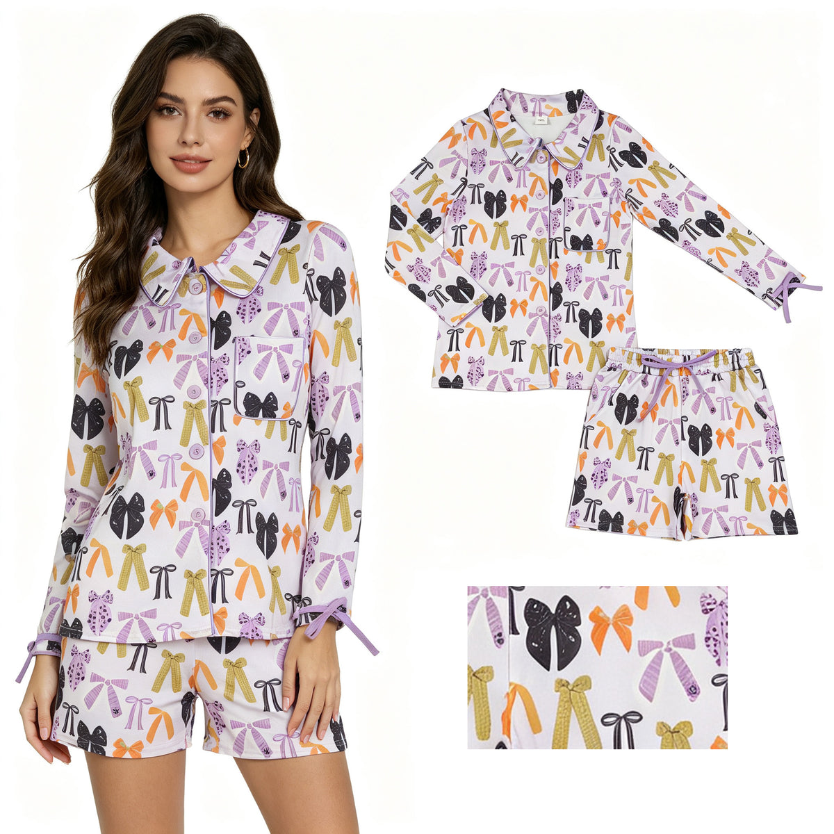 GLS0120 Purple Bows Long Sleeve Top Pockets Shorts Woman Halloween Pajamas Clothes Set
