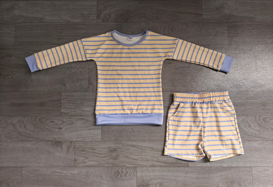7.6 Preorder GLS0124 Kids Girls Blue Striped Long Sleeve Top with Shorts Outfit