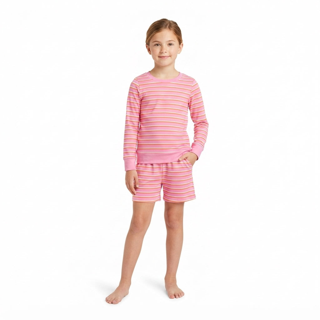 GLS0126 Pink Striped Girls Long Sleeve Top Pockets Shorts Yoga Outfits