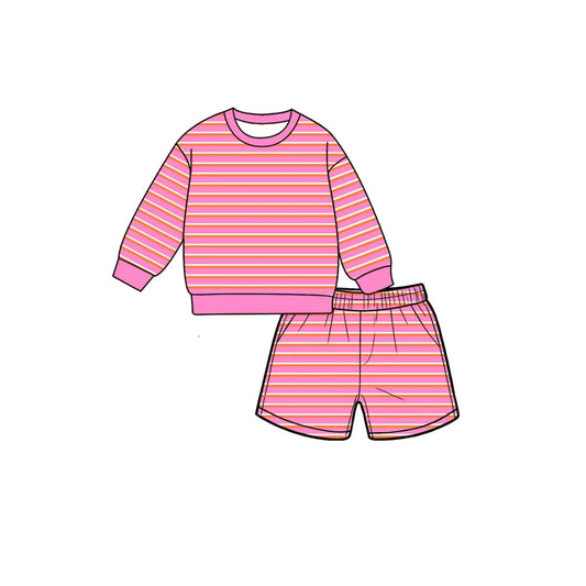 7.6 Preorder GLS0126 Kids Girls Pink Striped Long Sleeve Top with Shorts Outfit
