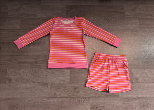 7.6 Preorder GLS0126 Kids Girls Pink Striped Long Sleeve Top with Shorts Outfit