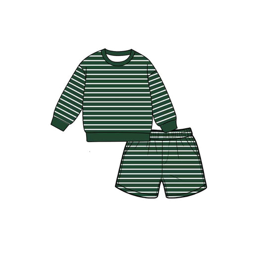 7.6 Preorder GLS0128 Kids Girls Green Striped Long Sleeve Top with Shorts Outfit