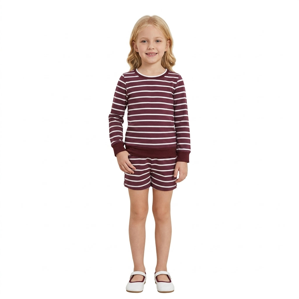 GLS0130 Wine Stripes Girls Long Sleeve Top Pockets Shorts Kids Yoga Clothes Set