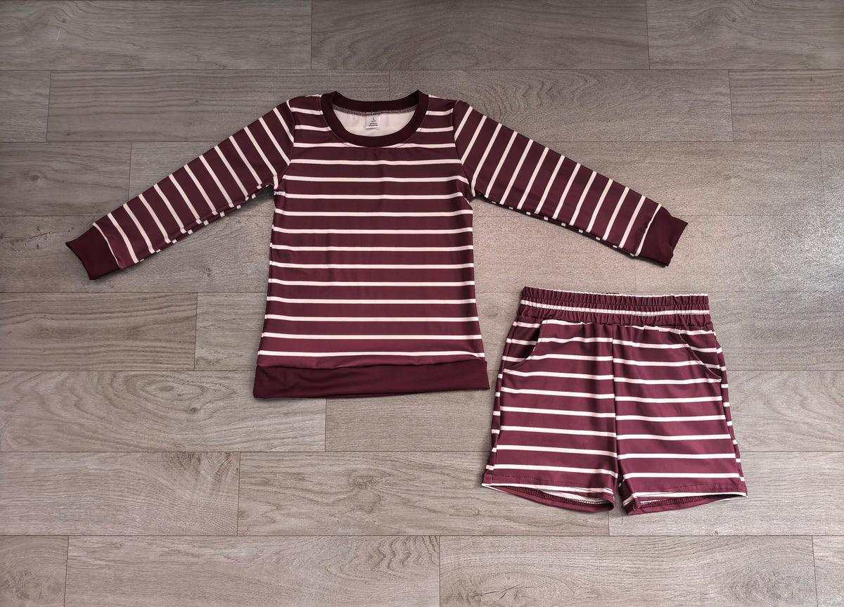 7.6 Preorder GLS0130 Kids Girls  Dark Red Long Sleeve Top with Shorts Outfit