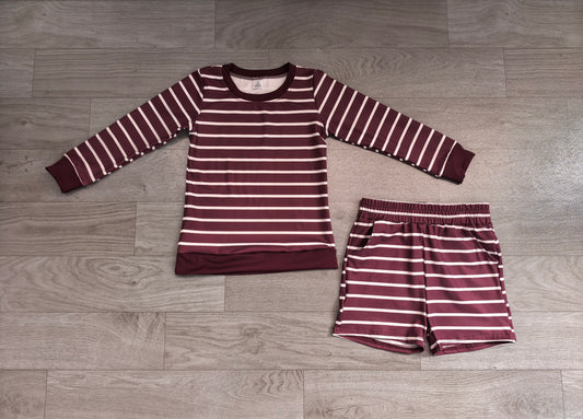 7.6 Preorder GLS0130 Kids Girls  Dark Red Long Sleeve Top with Shorts Outfit