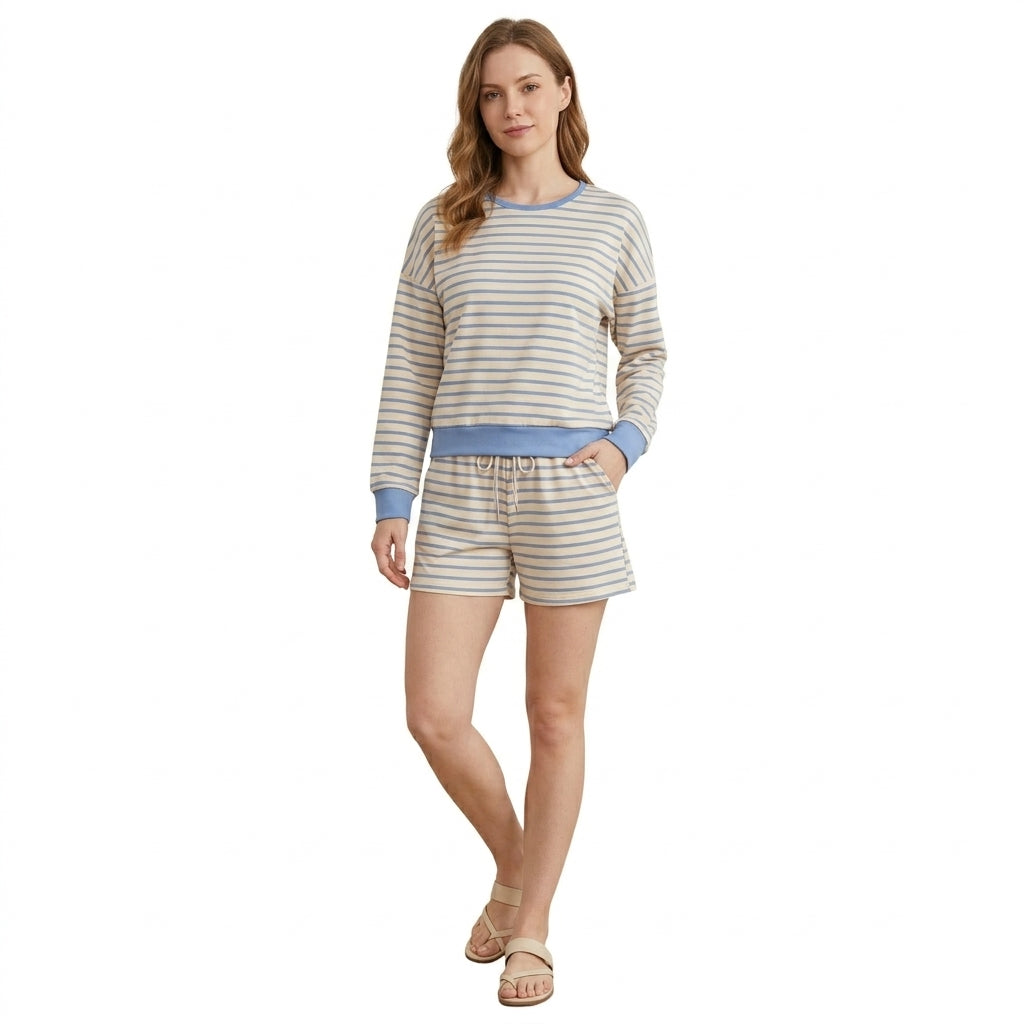 Mommy and Me Blue Striped Long Sleeve Top with Shorts Active Outfit