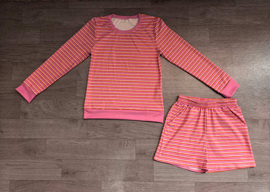 7.6 Preorder Adult Women  Pink Striped Long Sleeve Top with Shorts Outfit