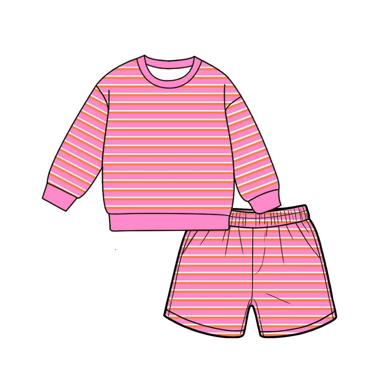 7.6 Preorder Adult Women  Pink Striped Long Sleeve Top with Shorts Outfit