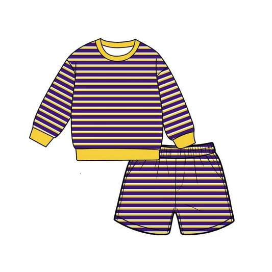 7.6 Preorder Adult Women Purple Yellow Striped Long Sleeve Top with Shorts Outfit