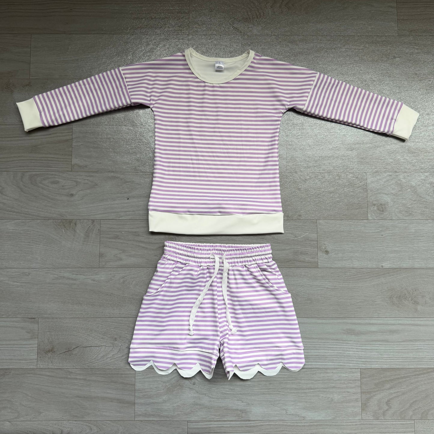 7.6 Preorder  Kids Girls Light Purple Long Sleeve Top with Shorts Outfit