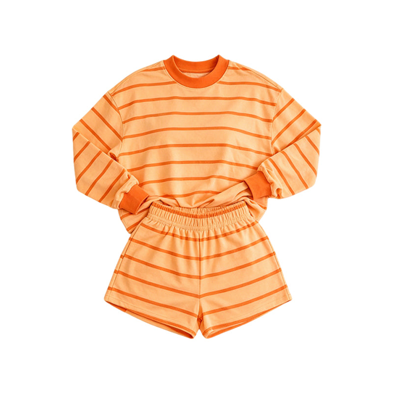 7.6 Preorder Adult Women Orange Striped Long Sleeve Top with Shorts Outfit