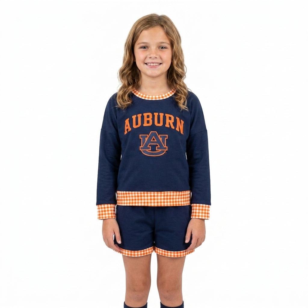 GLS0162 Teams Auburn Vinyl Long Sleeve Top Pockets Shorts Girls Clothes Set