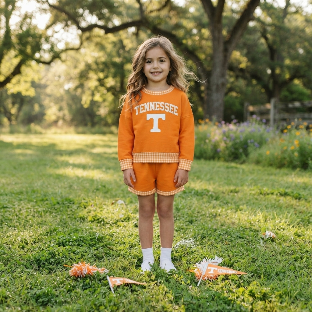 GLS0163 Teams Tennessee Vinyl Long Sleeve Top Pockets Shorts Girls Clothes Set