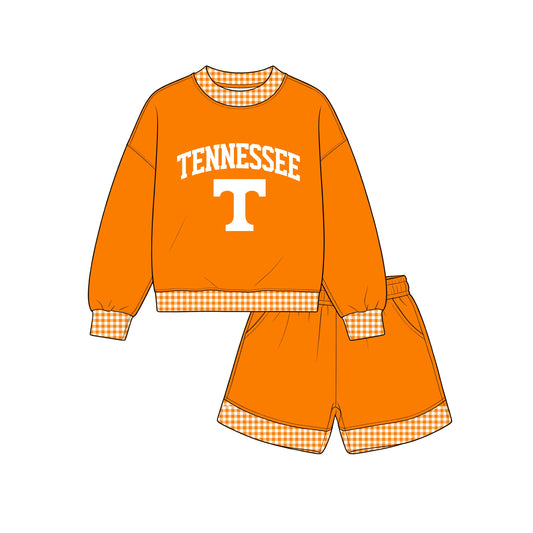 7.15 GLS0163 Kids Auburn  Tennessee Orange Gingham Trim Sweatshirt & Pocket Shorts Sport Team Outfit Set