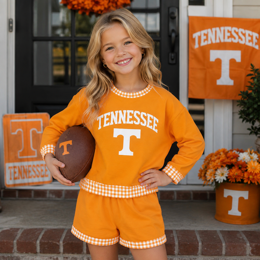 GLS0163 Teams Tennessee Vinyl Long Sleeve Top Pockets Shorts Girls Clothes Set
