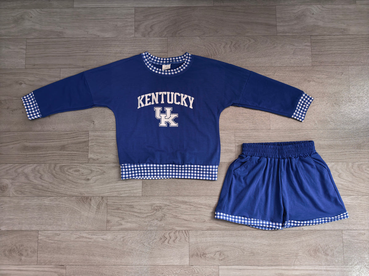 7.15 GLS0164 Kids Kentucky Blue Gingham Trim Sweatshirt & Pocket Shorts Sport Team Outfit Set