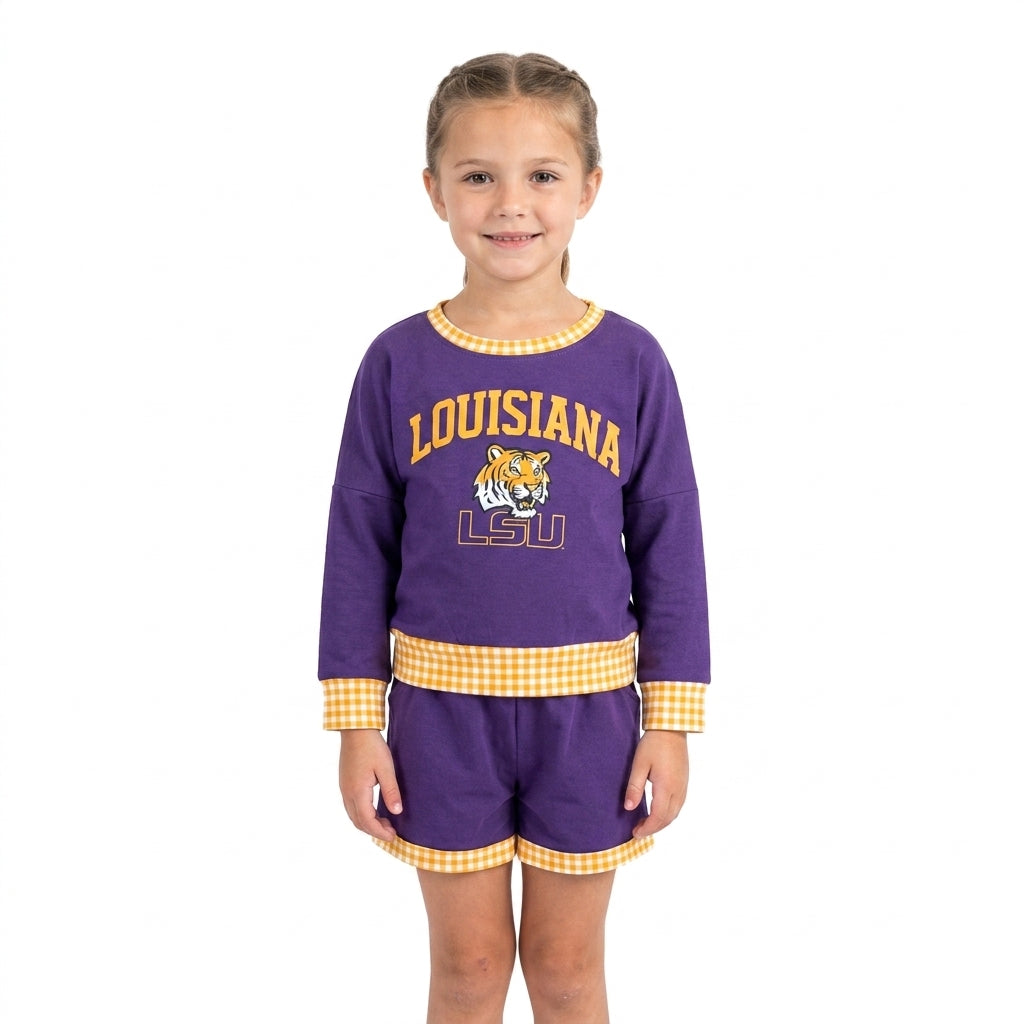 GLS0166 Teams Louisiana Vinyl Long Sleeve Top Pockets Shorts Girls Clothes Set