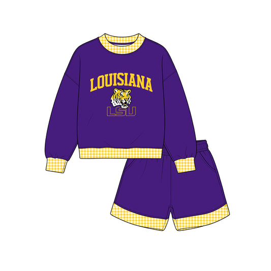 7.15 GLS0165 Kids  Louisisna Yellow Gingham Trim Sweatshirt & Pocket Shorts Sport Team Outfit Set