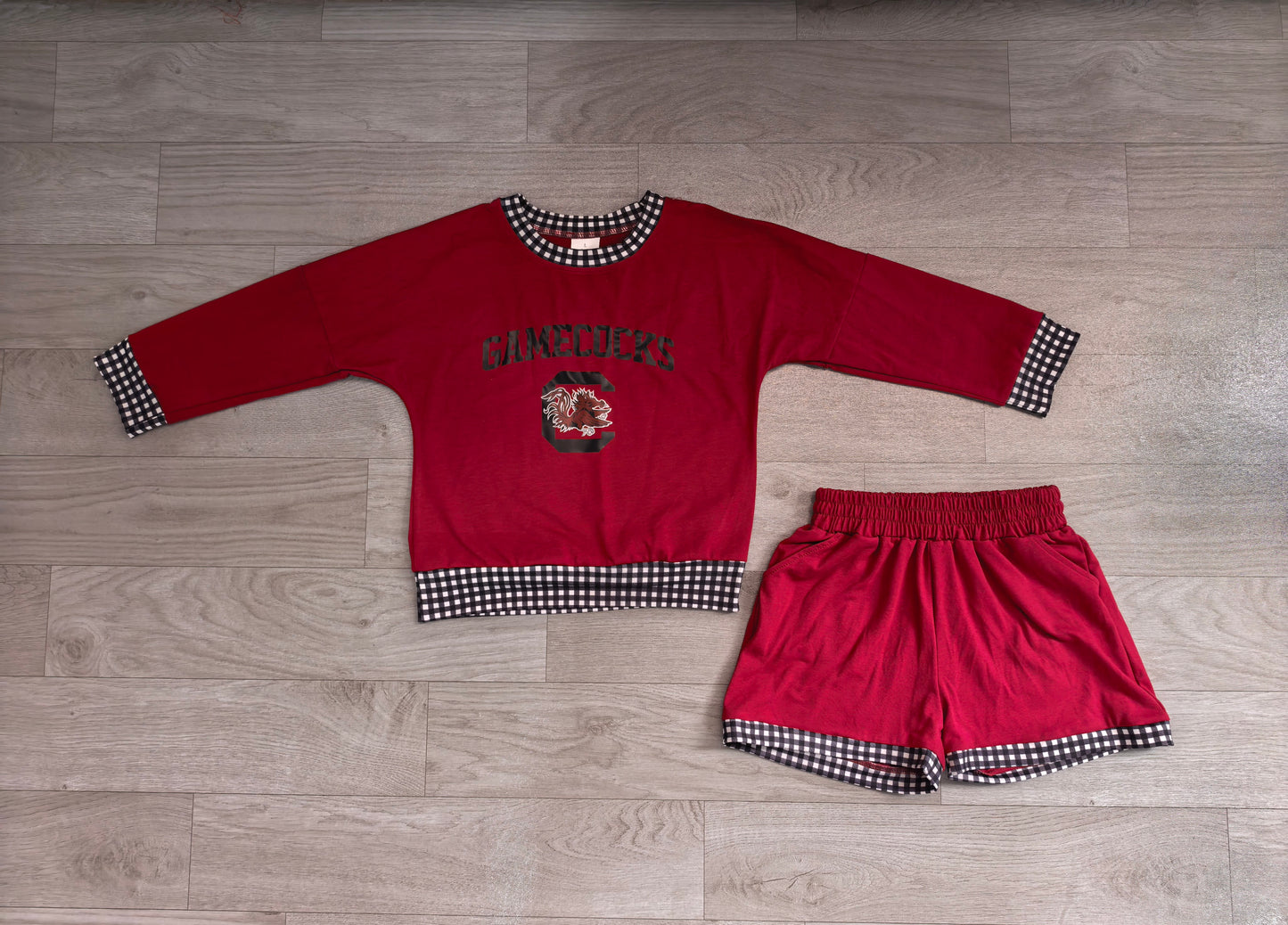 7.15 GLS0169 Kids Gamecocks Grey Gingham Trim Sweatshirt & Pocket Shorts Sport Team Outfit Set