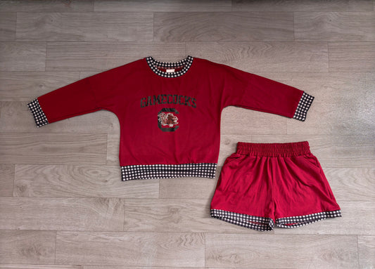 7.15 GLS0169 Kids Gamecocks Grey Gingham Trim Sweatshirt & Pocket Shorts Sport Team Outfit Set