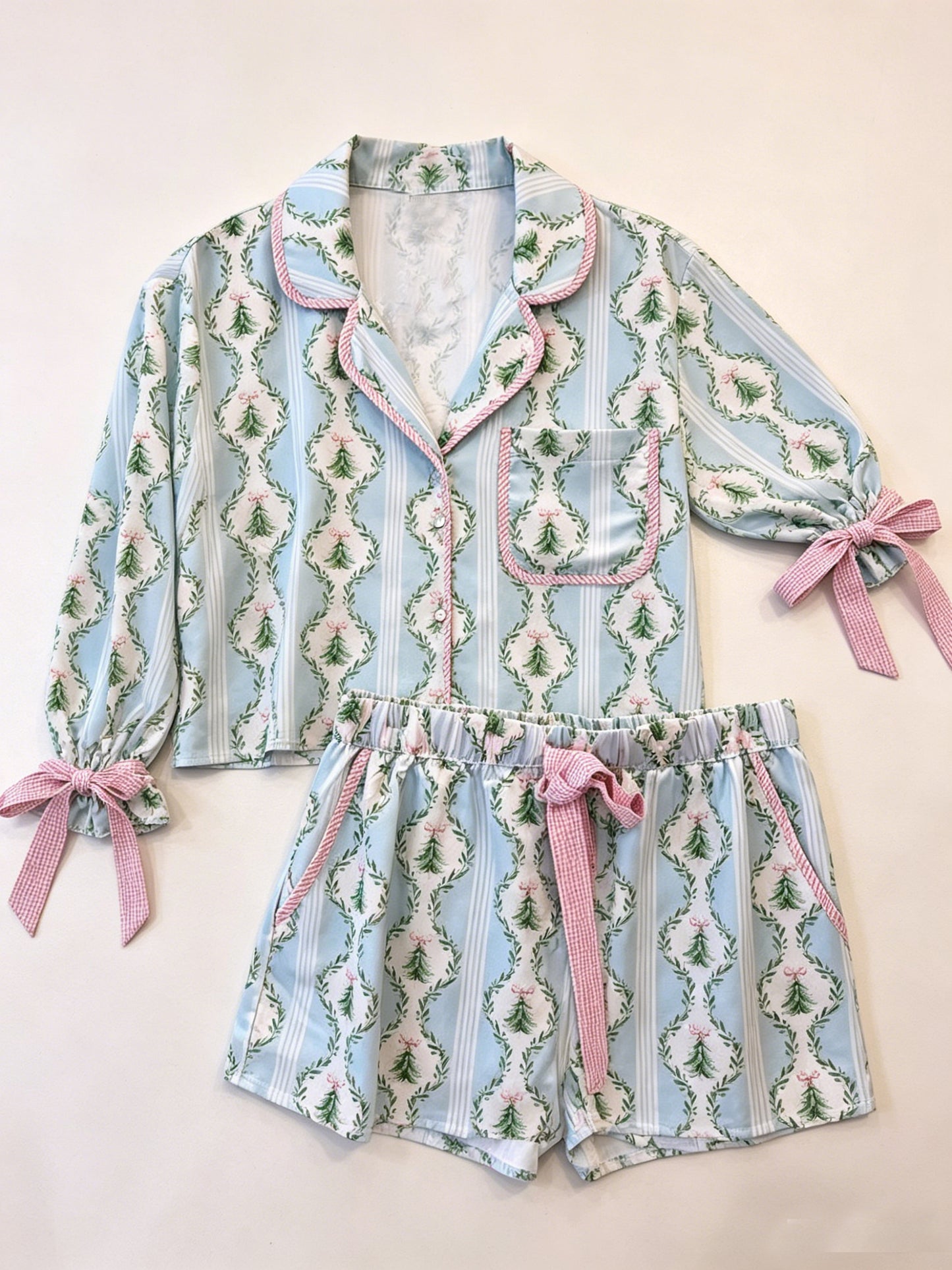7.16 GLS0170 Preorder Christmas Tree Blue Long Sleeve Top Pockets Shorts Girls Pajamas Clothes Set