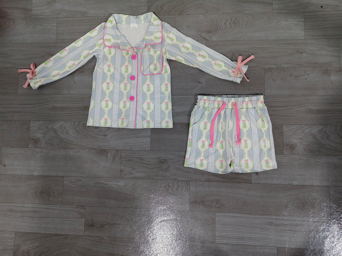 7.16 GLS0170 Preorder Christmas Tree Blue Long Sleeve Top Pockets Shorts Girls Pajamas Clothes Set
