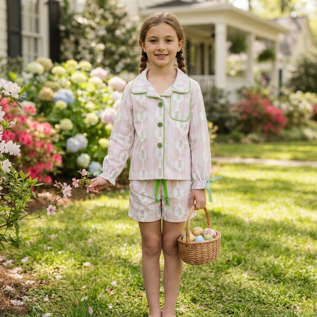 GLS0171 Tree Pink Long Sleeve Top Pockets Shorts Girls Christmas Buttons Pajamas Clothes Set