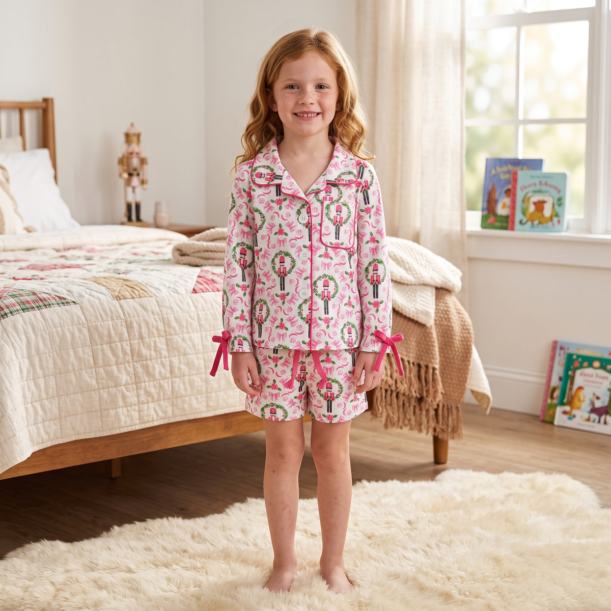 GLS0173 Soldier Holly Bows Pink Long Sleeve Top Pockets Shorts Girls Pajamas Clothes Set