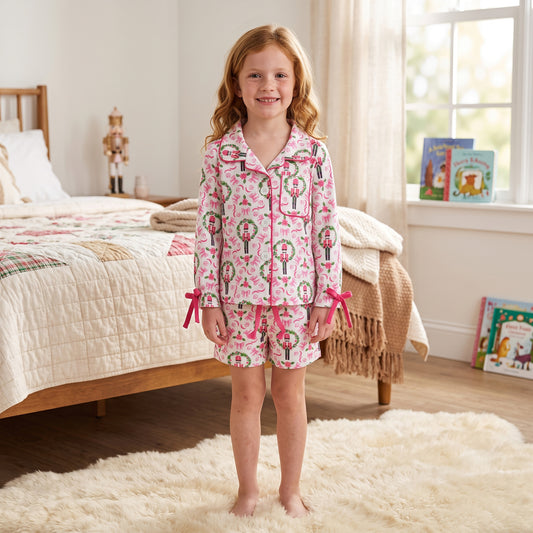 GLS0173 Soldier Holly Bows Pink Long Sleeve Top Pockets Shorts Girls Pajamas Clothes Set