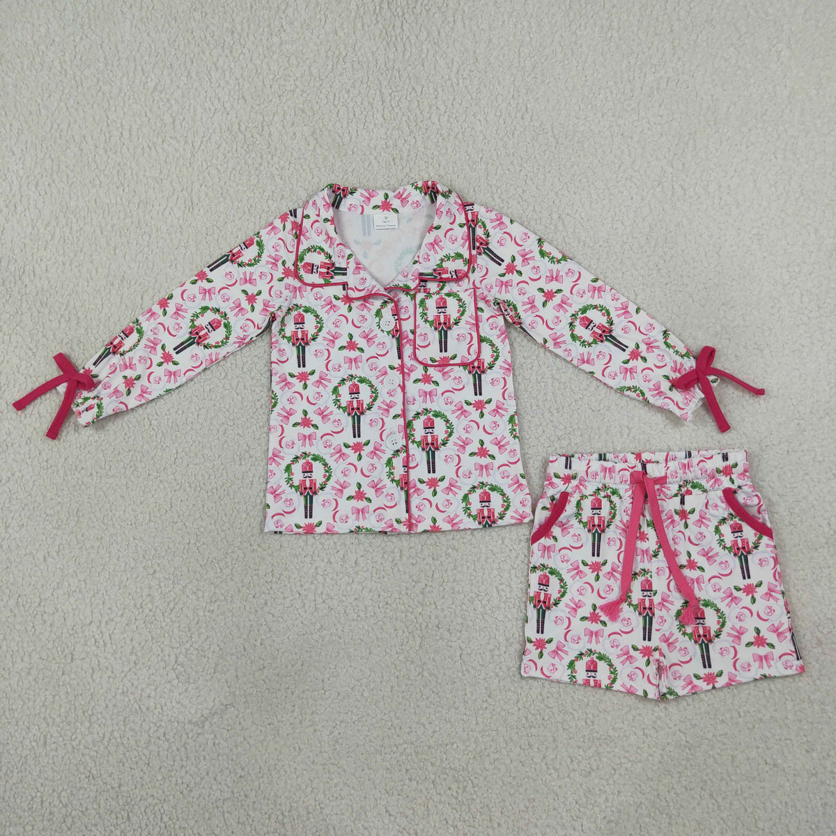Mommy and Me Christmas Holly Long Sleeve Button Top Shorts Pajama Set with Bow