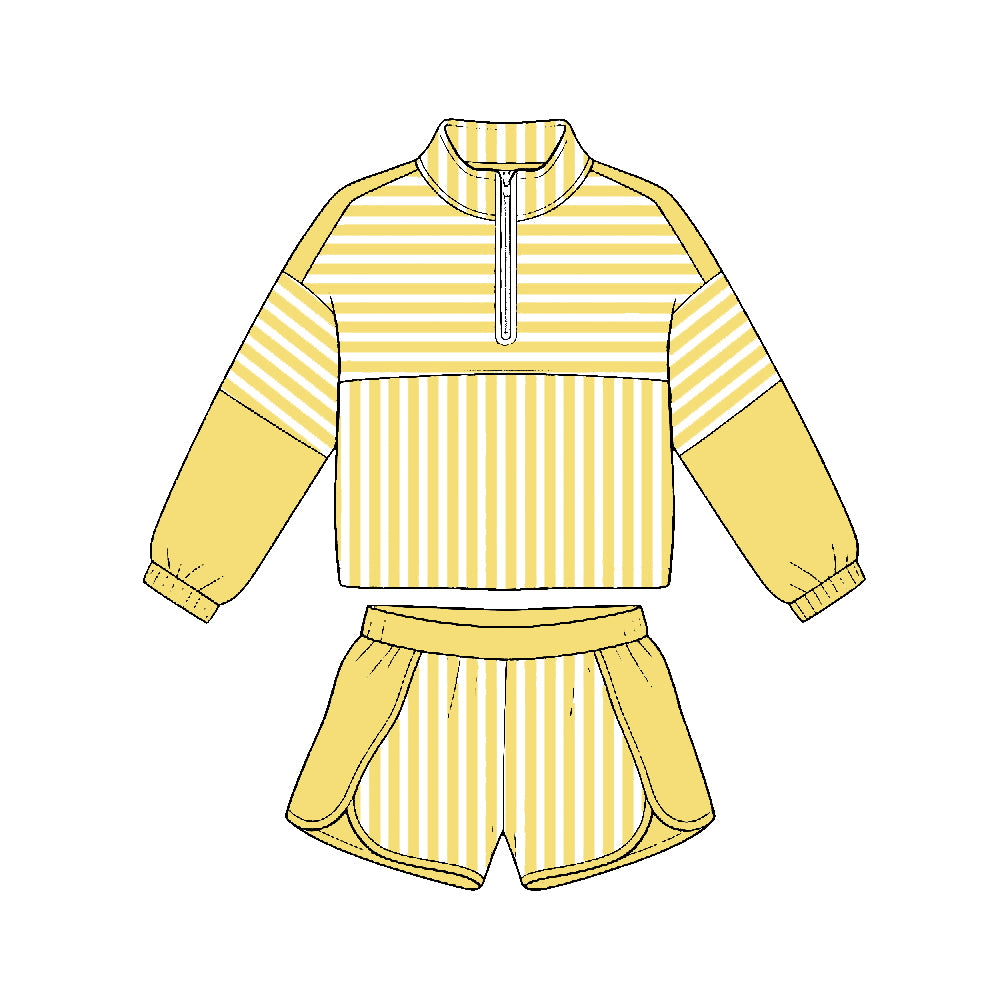 7.21 GLS0174 Preorder Yellow Stripes Print Zipper Top Shorts Girls Yoga Clothes Set