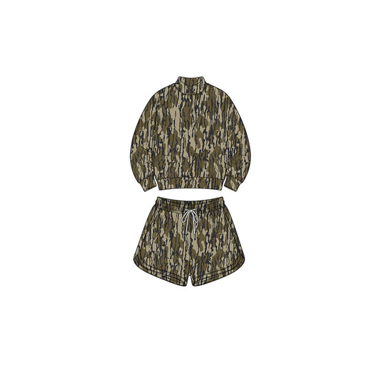 8.1 GLS0188 Preorder Camo Print Long Sleeve Top Pockets Shorts Girls Yoga Clothes Set