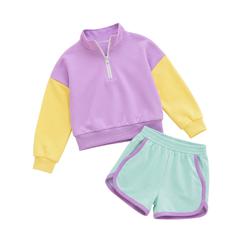 8.1 Preorder  Kids Girls Purple Yellow Color Block Half Zip Pullover Top With  Mint Green Shorts Outfit（副本）