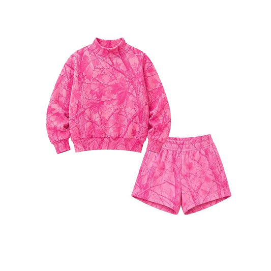 8.8 GLS0197 Preorder Pink Branch Print Long Sleeve Top Pockets Shorts Woman Clothes Set