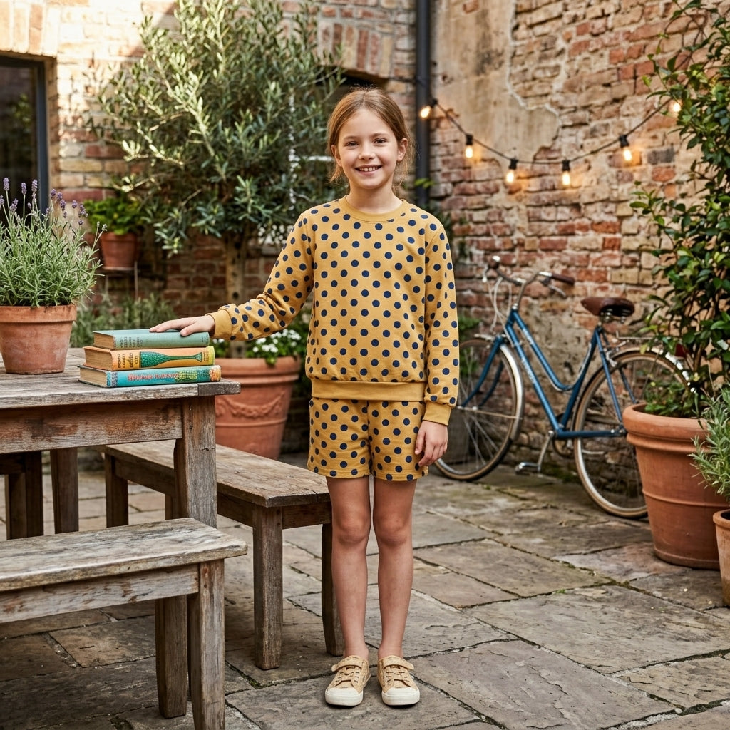 GLS0205 Mustard Polka Dot Girls Long Sleeve Top with Shorts Outfit