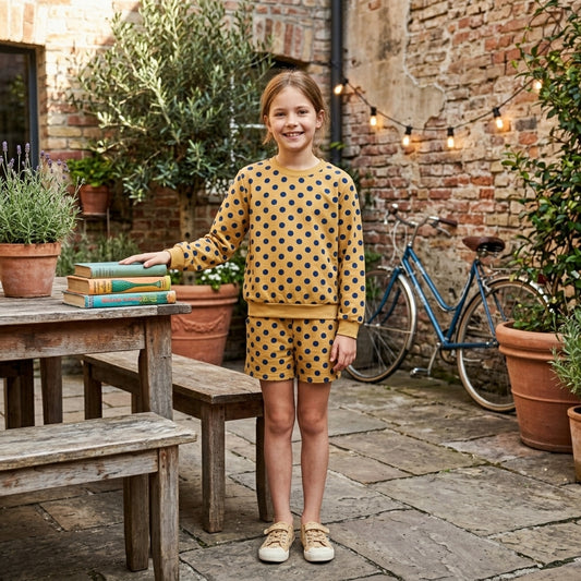 GLS0205 Mustard Polka Dot Girls Long Sleeve Top with Shorts Outfit