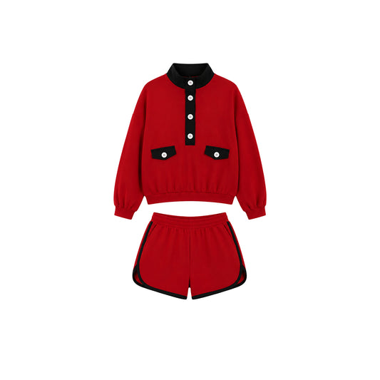 8.10 Preorder Kids Girls Red Black Color Block Sweatshirt Shorts Set