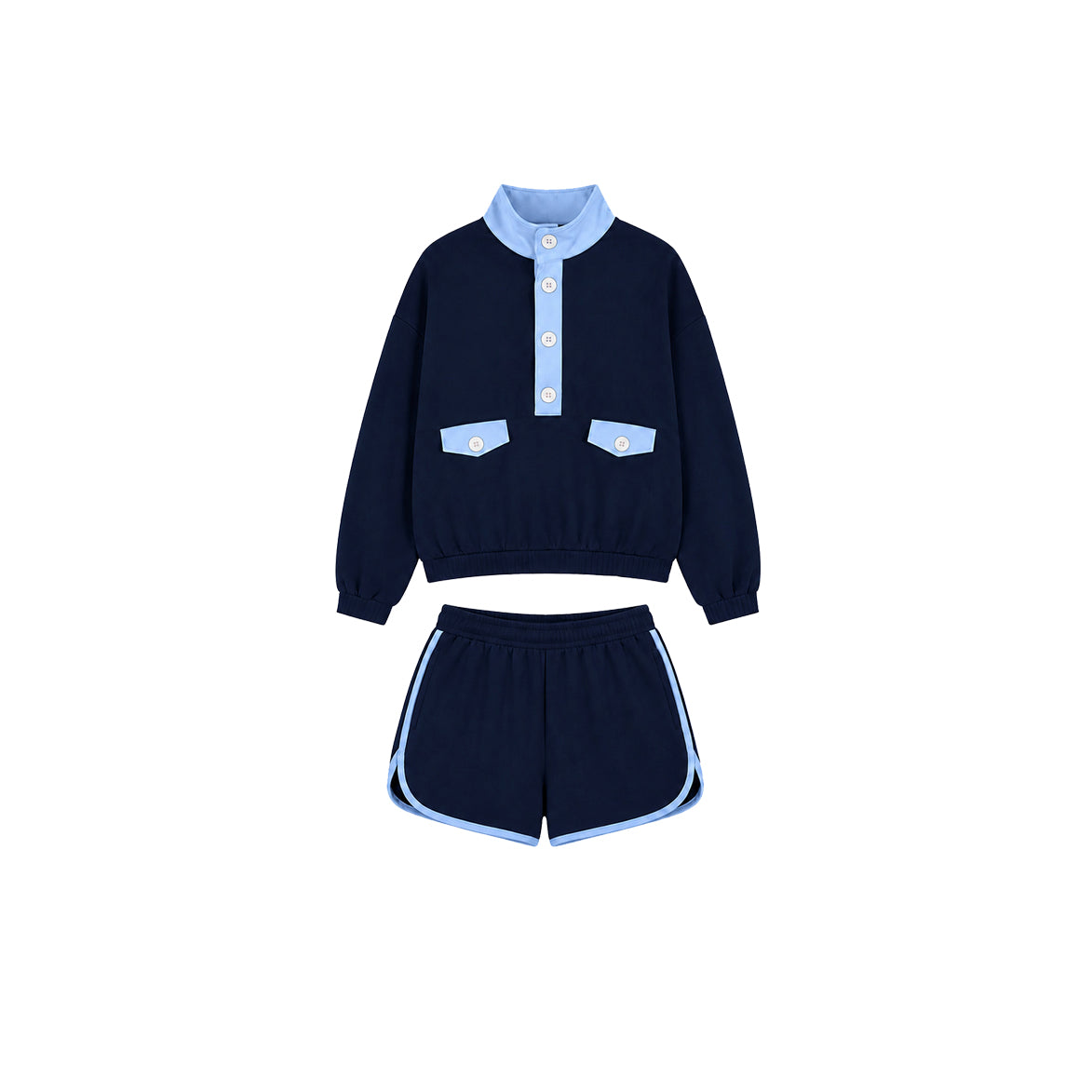 8.10 Preorder Girls Navy Blue Light Blue Color Block Sweatshirt Shorts Set