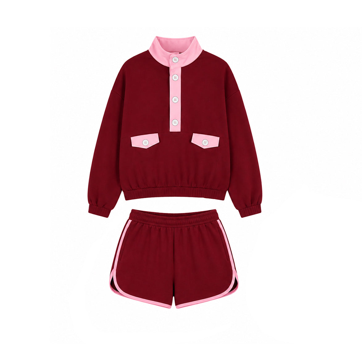 8.11  Preorder Adult Burgundy Pink Color Block Pullover Elastic Waist Dolphin Shorts Set