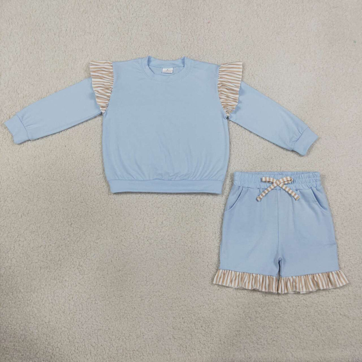 GLS0216 Girls Light Blue Striped Flutter Sleeve & Ruffle Shorts 2pcs Outfits