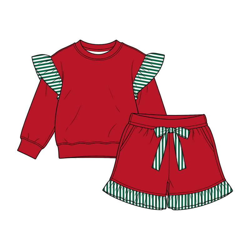 8.15 Preorder Kids Girls Green Flutter Sleeve Top with Ruffle Shorts Red Outfit