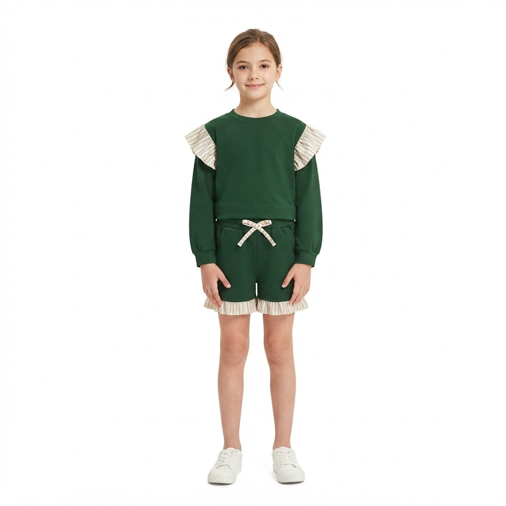 GLS0218 Girls Khaki Striped Flutter Sleeve Top with Green Shorts Outfits