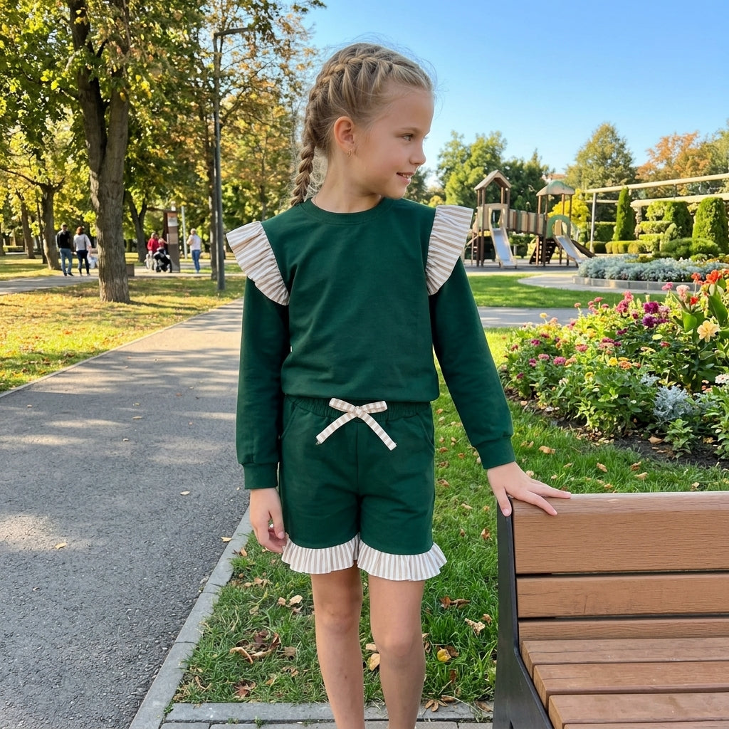 GLS0218 Girls Khaki Striped Flutter Sleeve Top with Green Shorts Outfits