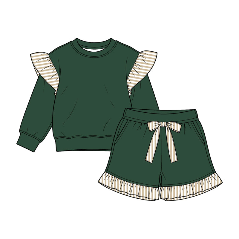 8.15 Preorder Kids Girls Khaki Striped Flutter Sleeve Top with Green Shorts Red Outfit