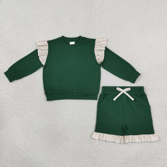 GLS0218 Girls Khaki Striped Flutter Sleeve Top with Green Shorts Outfits