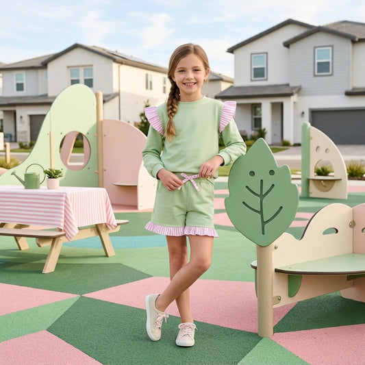 GLS0220 Girls Light Green Flutter Sleeve Top with Ruffle Shorts Outfit